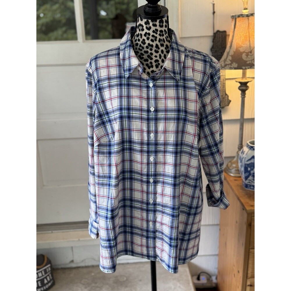 Talbots Shirt Women's Blue Pink Shimmer Gold Plaid Button Front Top Blouse Sz 2X